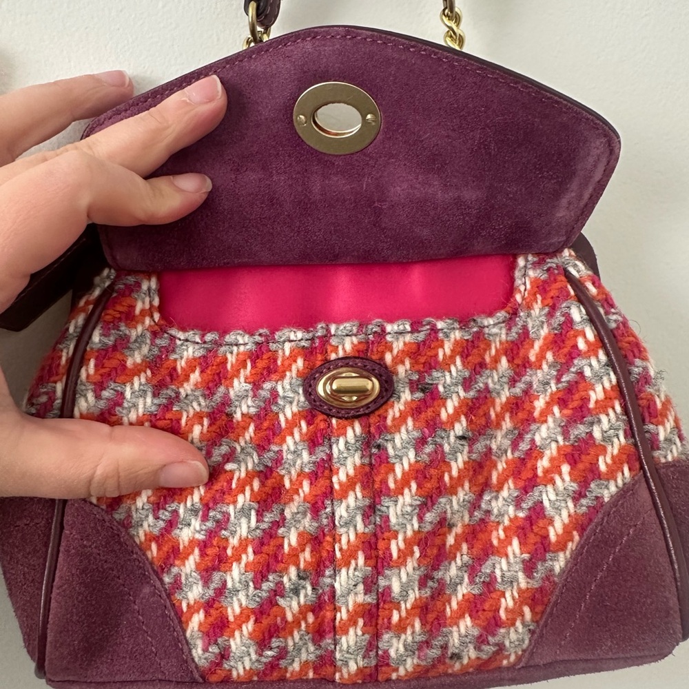 Coach kisslock vintage Houndstooth tweed and suede Frame Satchel in Plum - Picture 9 of 13